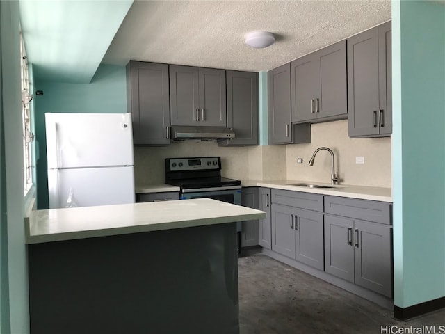 kitchen featuring gray cabinetry, sink, electric range, and white refrigerator