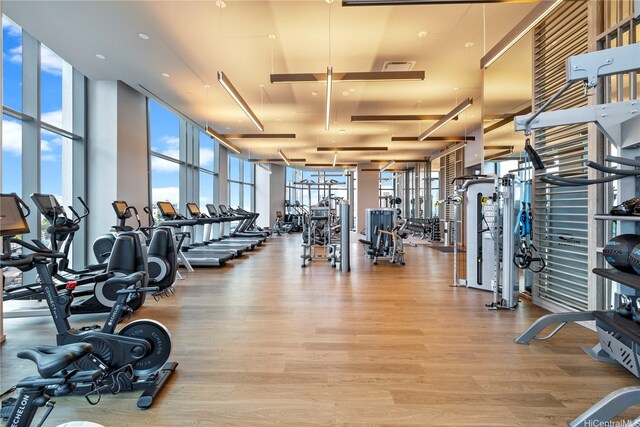 1000 Auahi St Unit 4106, Honolulu, HI 96814 - exercise room featuring expansive windows and wood finished floors