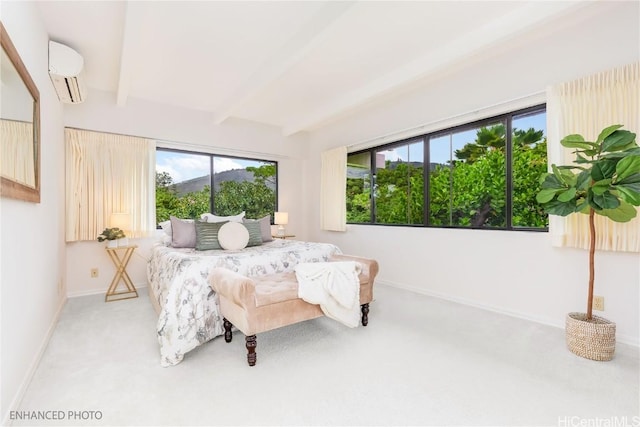 carpeted bedroom with beam ceiling and a wall mounted AC