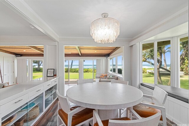 61-707 Papailoa Rd, Haleiwa, HI 96712 - sunroom featuring plenty of natural light, a chandelier, a water view, and beamed ceiling