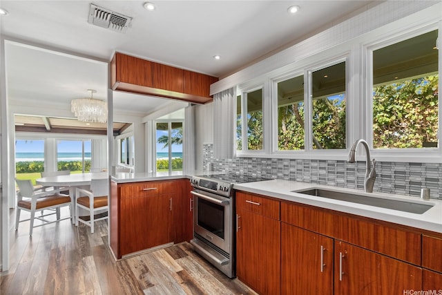 61-707 Papailoa Rd, Haleiwa, HI 96712 - kitchen with stainless steel electric stove, a sink, decorative backsplash, light countertops, and wood finished floors