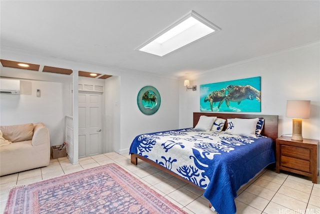 tiled bedroom with crown molding and a wall mounted AC