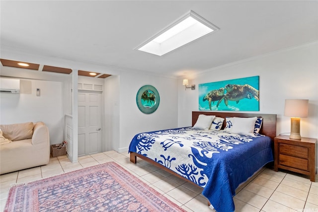 61-707 Papailoa Rd, Haleiwa, HI 96712 - tiled bedroom featuring a wall unit AC, crown molding, and a skylight