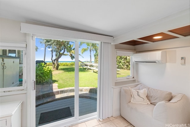 doorway to outside with a wall mounted AC and light tile patterned floors