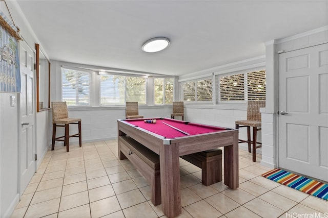 playroom featuring billiards, plenty of natural light, and light tile patterned floors