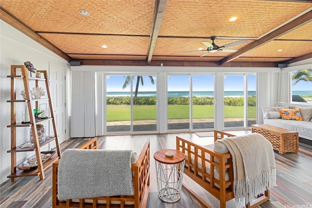 61-707 Papailoa Rd, Haleiwa, HI 96712 - sunroom / solarium with a ceiling fan, beamed ceiling, a water view, and coffered ceiling