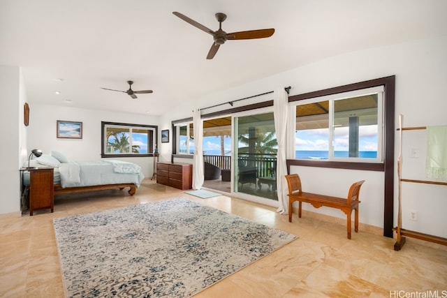 bedroom with ceiling fan, access to outside, multiple windows, and vaulted ceiling