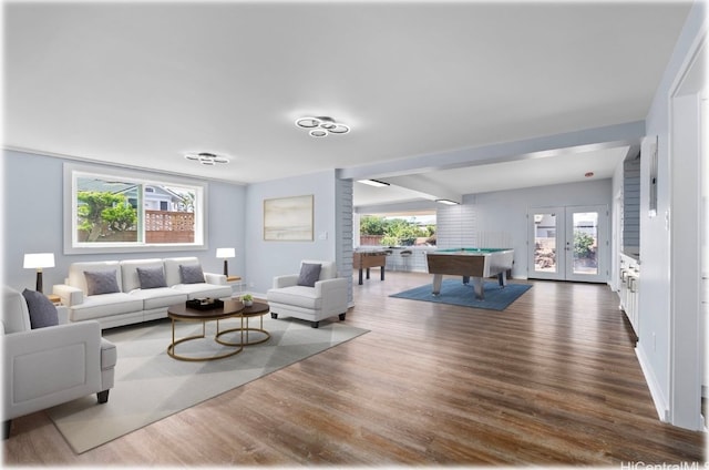 living room featuring dark hardwood / wood-style flooring, pool table, and a wealth of natural light