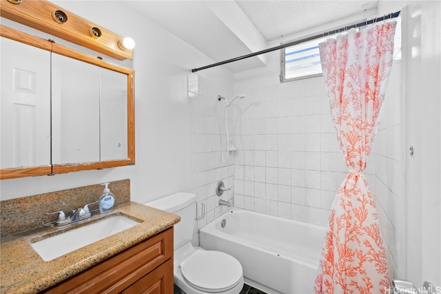 full bathroom with toilet, a textured ceiling, shower / bath combo with shower curtain, and vanity