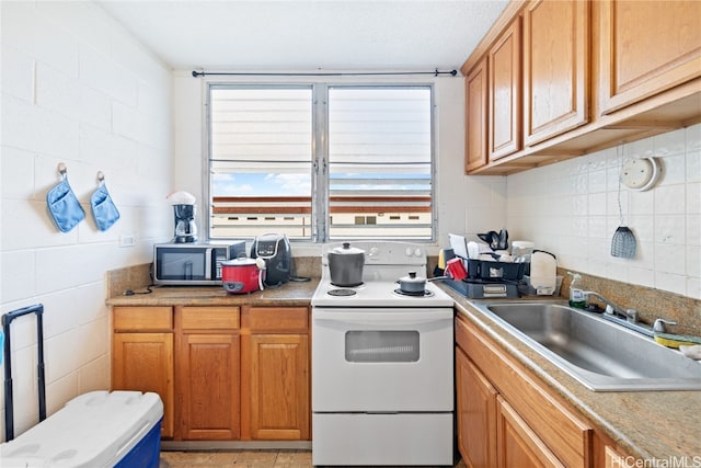 kitchen with white electric range oven and sink