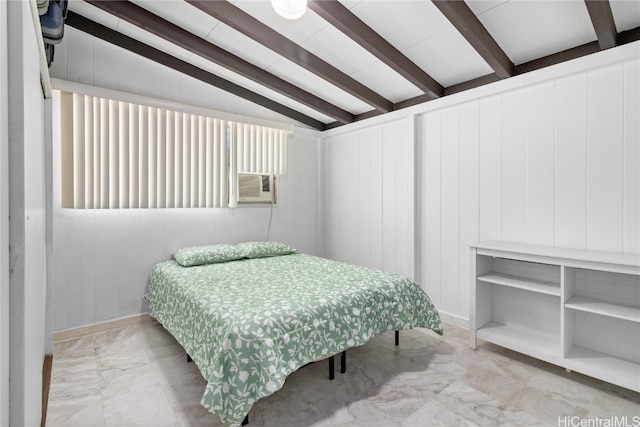 bedroom with wood walls, cooling unit, and vaulted ceiling with beams