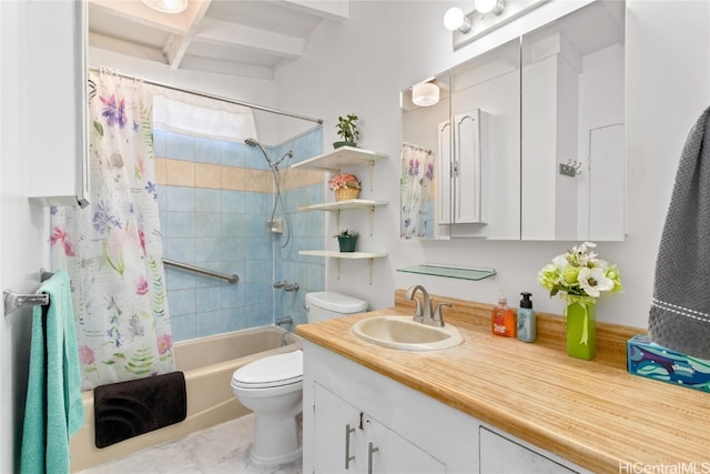 full bathroom featuring beamed ceiling, vanity, toilet, and shower / bathtub combination with curtain