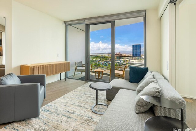 living room featuring a wall of windows and light hardwood / wood-style floors