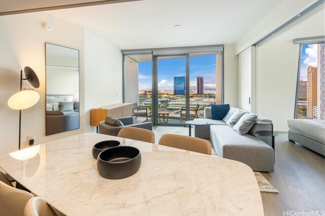 dining space with light hardwood / wood-style floors and expansive windows