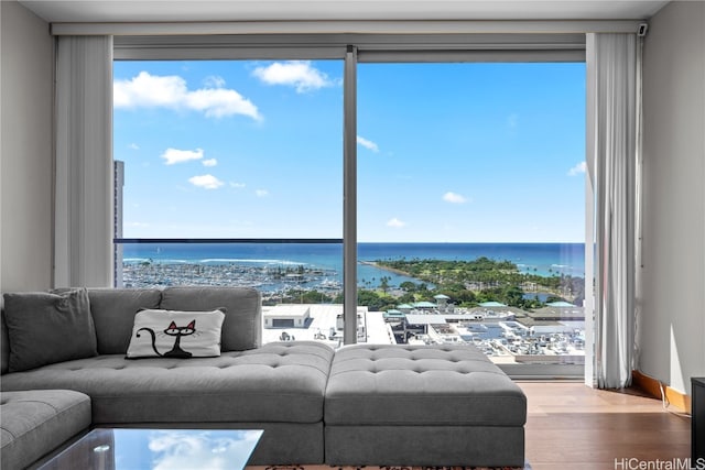 living room featuring a water view, hardwood / wood-style flooring, and a wealth of natural light