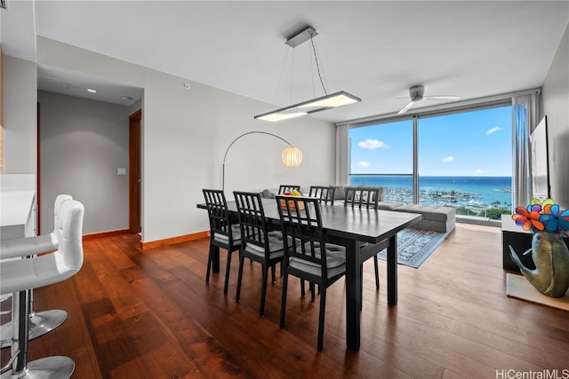 dining space with floor to ceiling windows, hardwood / wood-style flooring, and ceiling fan