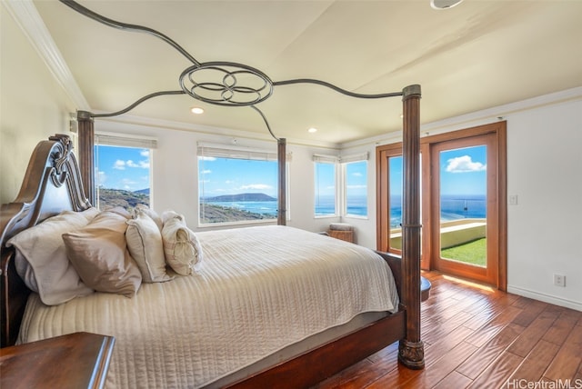 bedroom featuring a water view, crown molding, wood-type flooring, and multiple windows