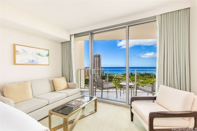 living room featuring carpet and a water view