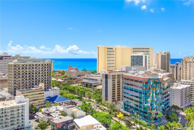 bird's eye view with a water view