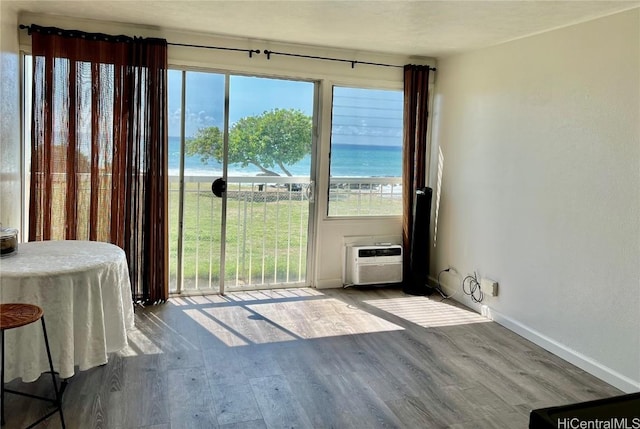 entryway featuring a water view, a wall mounted AC, and light wood-type flooring