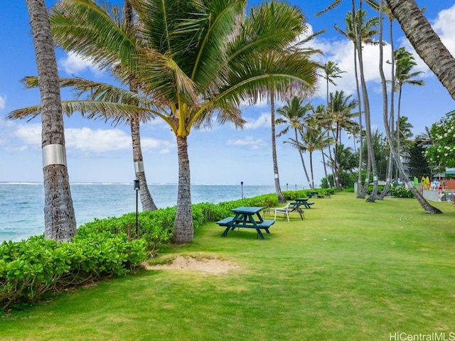 view of property's community with a yard and a water view