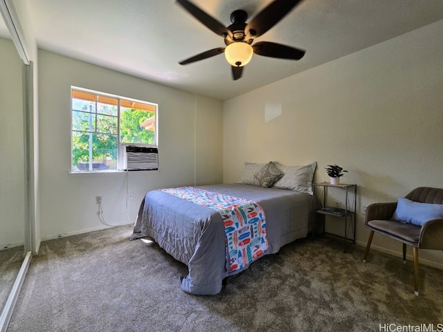 bedroom featuring dark carpet, cooling unit, and ceiling fan