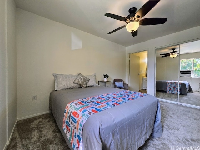 bedroom featuring a closet, ceiling fan, carpet flooring, and cooling unit