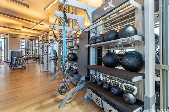 gym featuring hardwood / wood-style floors