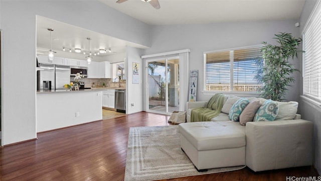 living room with a healthy amount of sunlight, dark wood-type flooring, and vaulted ceiling