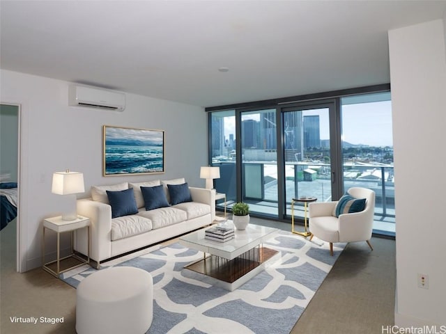 living room with carpet floors, a wall unit AC, and floor to ceiling windows