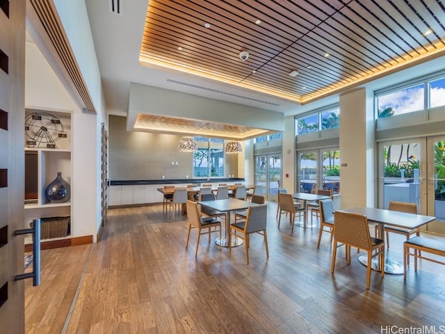 dining area featuring french doors, hardwood / wood-style flooring, and plenty of natural light