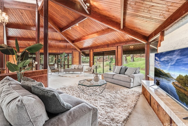 carpeted living room featuring wood ceiling and lofted ceiling with beams