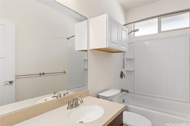 full bathroom featuring toilet, vanity, and shower / bathtub combination