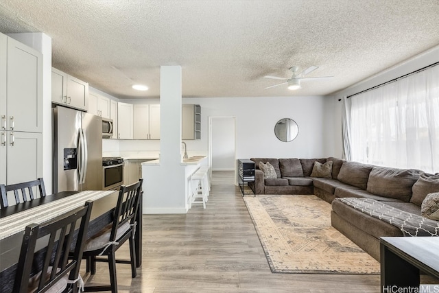 living room with a textured ceiling, light hardwood / wood-style floors, ceiling fan, and sink