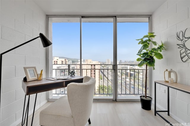 office with light wood-type flooring and floor to ceiling windows