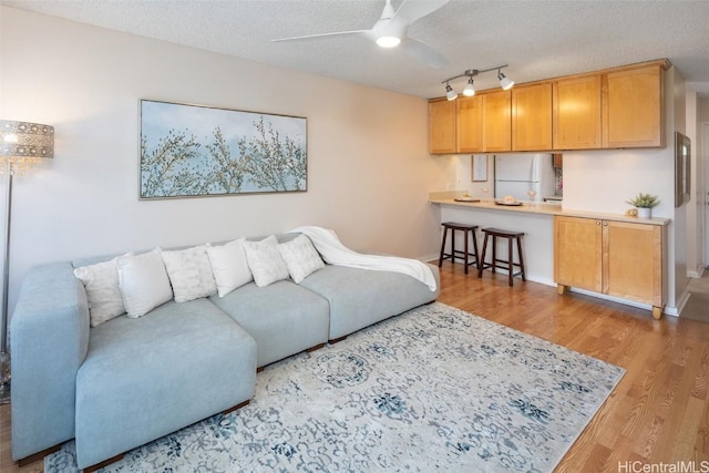 living area featuring baseboards, ceiling fan, wood finished floors, rail lighting, and a textured ceiling