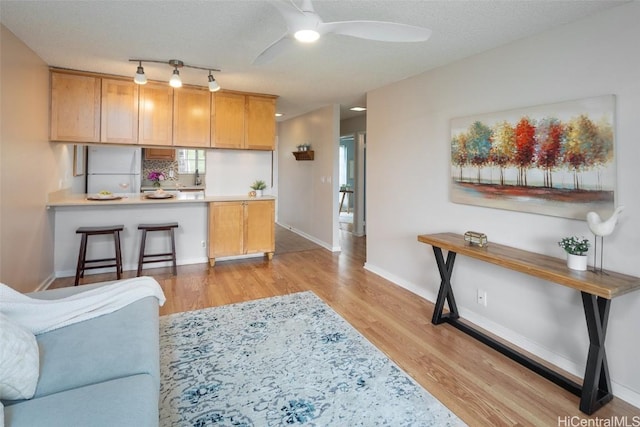 kitchen with white refrigerator, ceiling fan, decorative backsplash, a textured ceiling, and light hardwood / wood-style floors