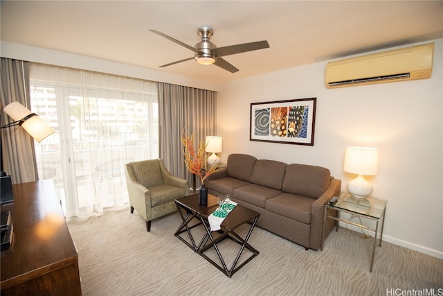 carpeted living room featuring a wall mounted air conditioner and ceiling fan