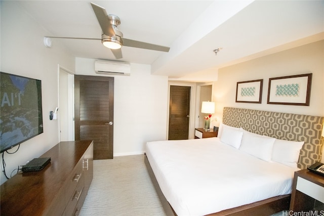 bedroom featuring carpet flooring, a wall mounted air conditioner, and ceiling fan