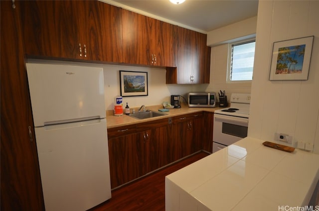 kitchen featuring dark hardwood / wood-style floors, sink, and white appliances