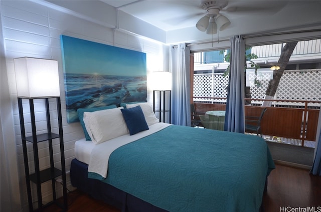 bedroom featuring dark wood-type flooring and ceiling fan