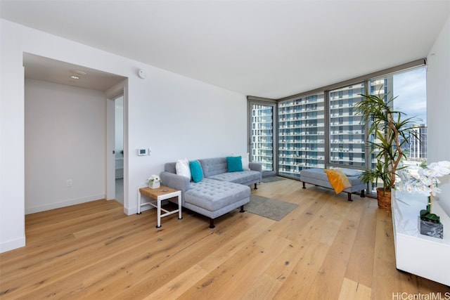 living room with light hardwood / wood-style floors and a wall of windows