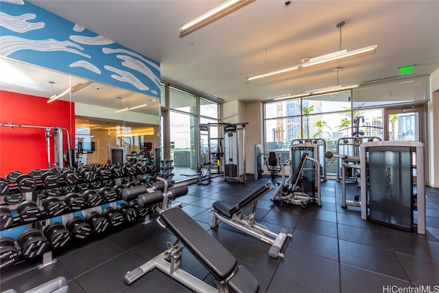 workout area featuring a wall of windows