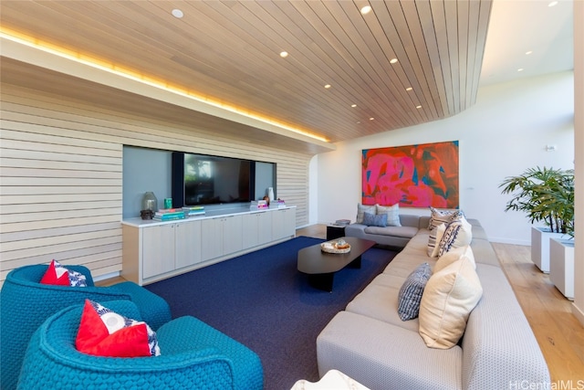 living room featuring wooden ceiling and light hardwood / wood-style floors