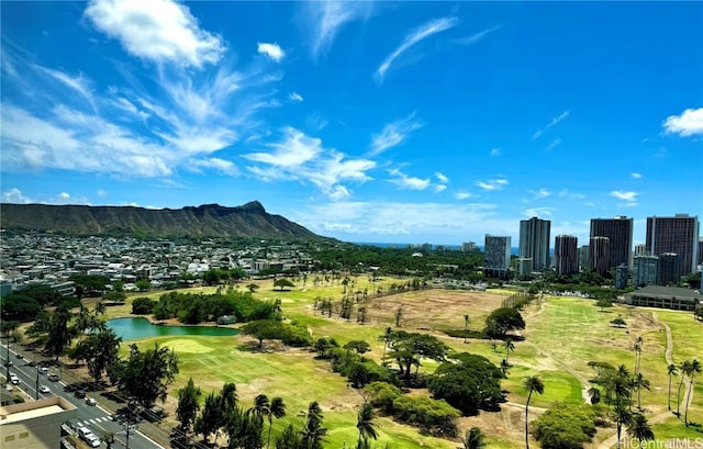 birds eye view of property with a water and mountain view