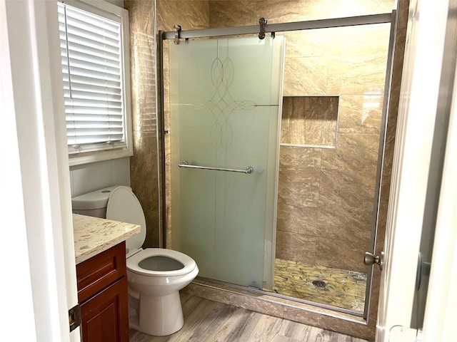 bathroom with toilet, walk in shower, vanity, and wood-type flooring