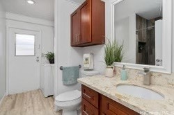 bathroom with vanity, hardwood / wood-style flooring, and toilet