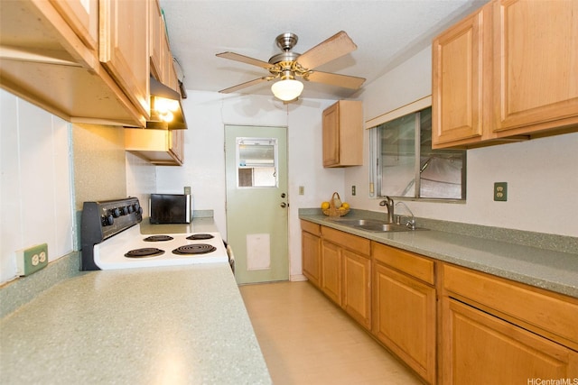 66-839 Kamakahala St, Waialua, HI 96791 - kitchen featuring a sink, range with electric stovetop, a ceiling fan, and light countertops
