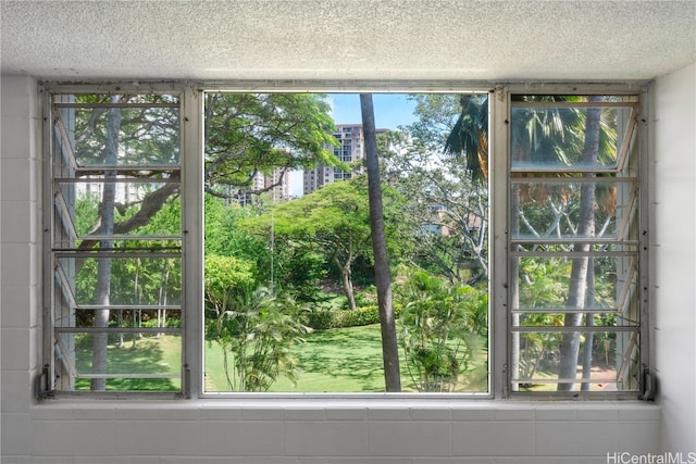 doorway to outside with a textured ceiling and a healthy amount of sunlight