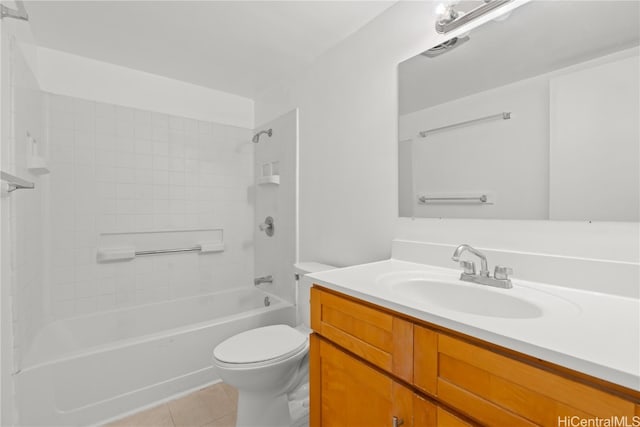 full bathroom with toilet, tiled shower / bath combo, vanity, and tile patterned floors